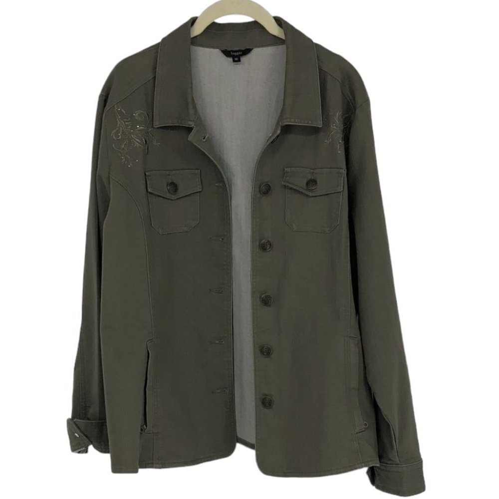 Haggar Moss Green Cotton Buttoned Jacket  w/floral embroidery sz 16